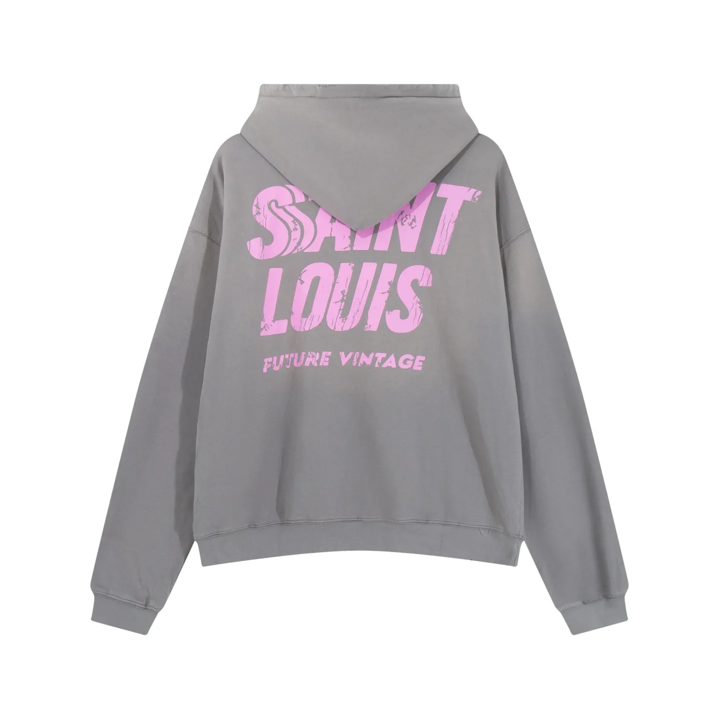 Style No. S228 P300💰 (450g version) SSSAINT LOUIS ink-washed distressed letter logo printed hooded pullover sweatshirt. Made of 450g dense cotton fabric, washed process, loose fit. Same style for men and women. Size: S-XL